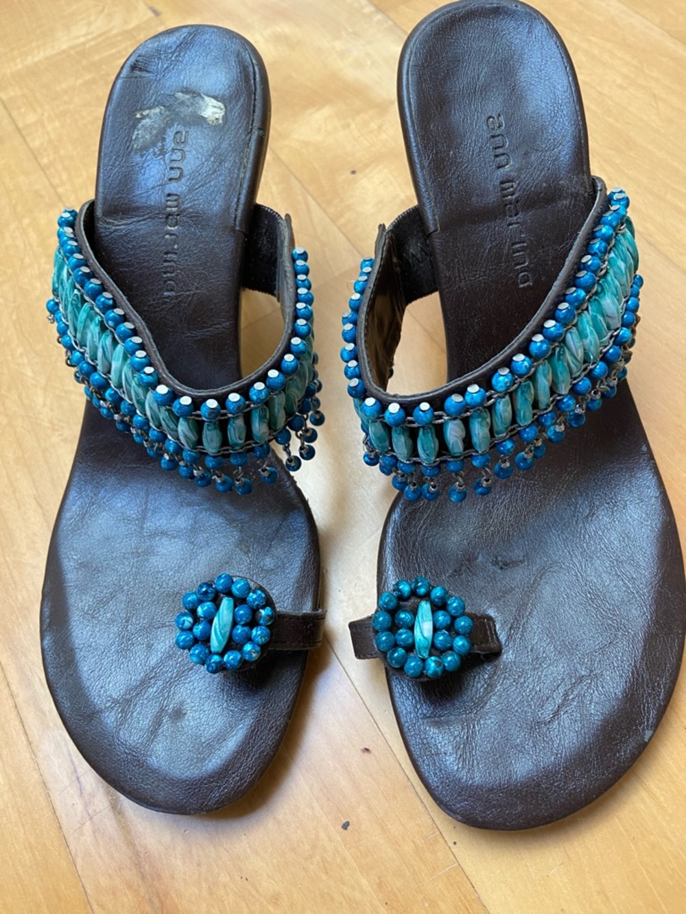 Dark Brown Heeled Sandals with Turquoise Bead Embellishment - Picture 3 of 4